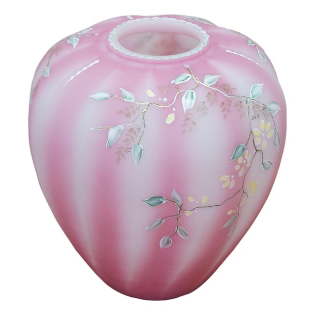 1992 Fenton Rosalene Pink Twining Floral Satin Glass Melon Vase Urn 7" For Sale