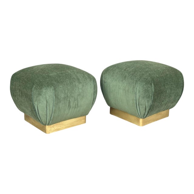 This elegant pair of vintage pouf ottomans in a manner of Karl Springer, showcases timeless design and luxurious...