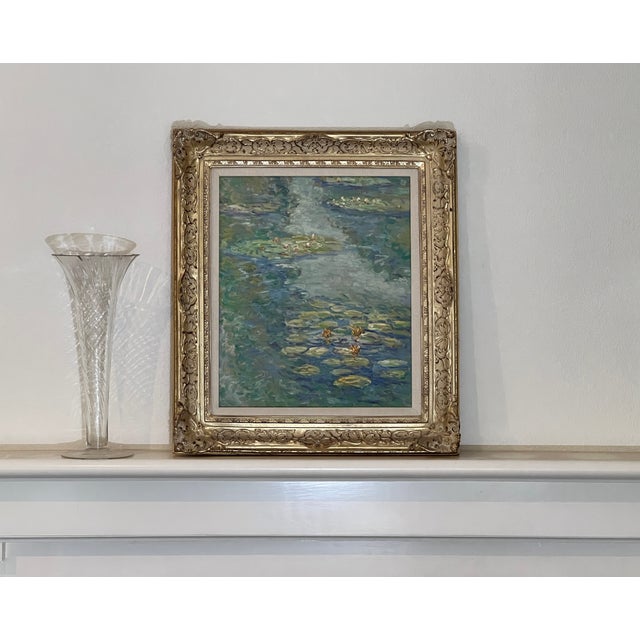 1980s Signed Oil Painting, Style of Monet's Water Lilies With Gold Ornate Frame For Sale - Image 17 of 18