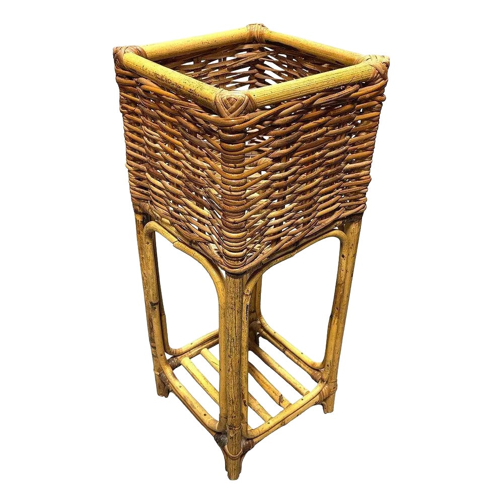 Mid Century Cubed Woven Rattan Pedestal Plant Stand | Chairish