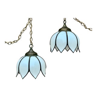 Antique Brass White Slag Glass Tulip Pendant Lights - a Pair For Sale