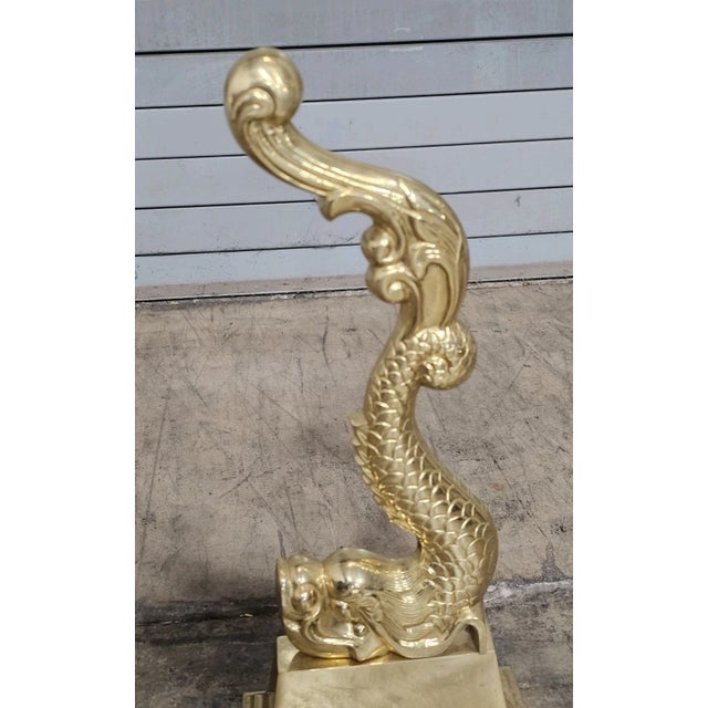 Brass Late 20th Century Cast Brass Andiron Dolphin Koi Fire Dogs For Sale - Image 8 of 12