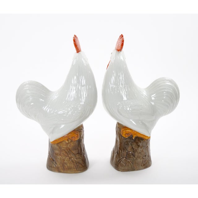 1930s Large Pair of 1930's Chinese Porcelain Rooster Figures / Polychrome Decoration For Sale - Image 5 of 11