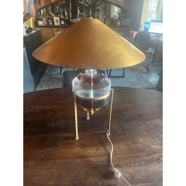 Art Deco Style Lamp. Artist Signed (Van Teal). Colored Lucite with Gold Leaf Metal Shade.