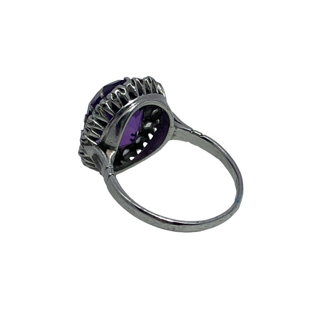 Metal Mid 20th Century 10k White Gold Oval Amethyst and Diamond Halo Ring, Size 6.5 For Sale - Image 7 of 9