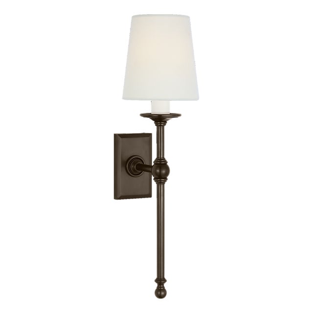 Chapman & Myers for Visual Comfort Signature Classic 19" Tail Sconce in Bronze with Linen Shades For Sale