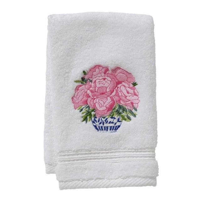 Pot of Peonies Guest Towel White Terry, Embroidered For Sale