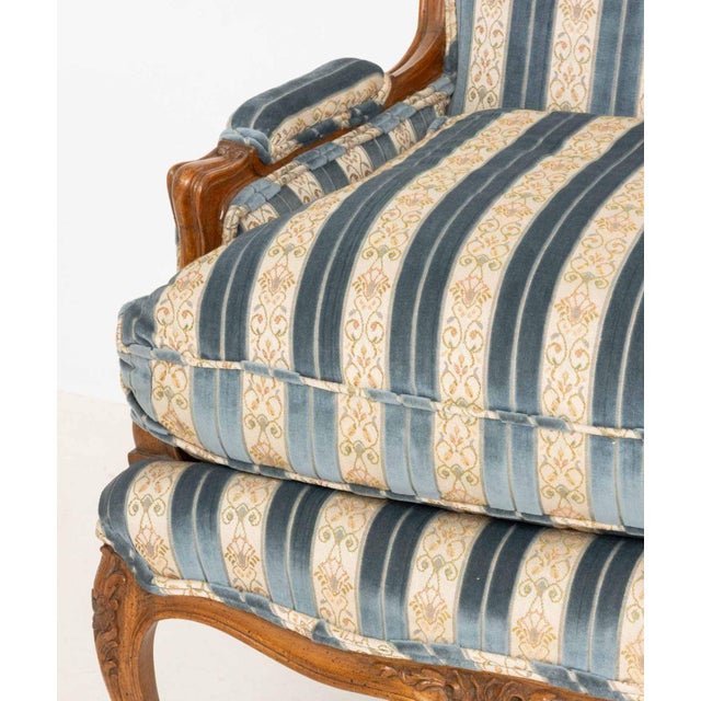 Louis XV Style Velvet Upholstered Bergeres, Pair For Sale - Image 4 of 5
