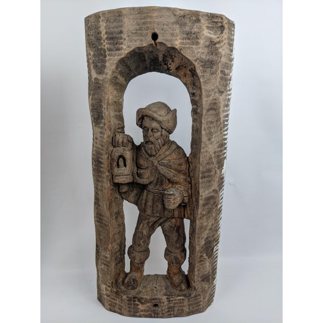 Pair of Mid-Century European Hand-Carved Wood Watchman Figural Relief Panels, Brown For Sale - Image 4 of 12