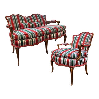 1940s French Provincial Style Loveseat and Chair Set Upholstered in Plaid Silk For Sale