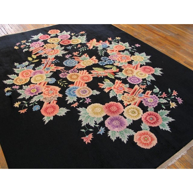 Art Deco Beautiful Multicolored Rose Centerpiece in a Black Ground Color Chinese Art Deco Rug by Nichols Workshop For Sale - Image 3 of 5