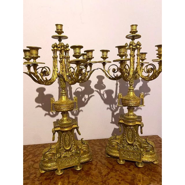 Gold 19th Century French Napoleon III Ormolu Table/Mantle Clock With Candelabras - 3 Piece Set For Sale - Image 8 of 12