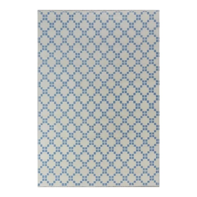 Modern Handknotted Geometric Oushak Rug in Blue & Cream, 6' x 9' For Sale