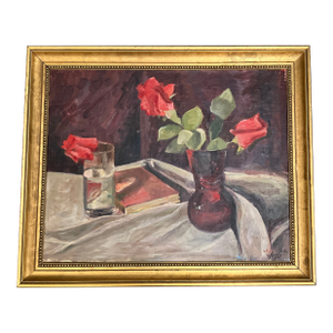1950’s Original Red Roses Modernist Floral Still Life Painting Signed Gilt Wood Frame