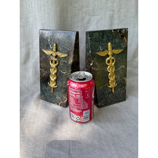 1980s Heavy Medical Caduceus Brown Gray Italian Marble Bookends a Pair For Sale - Image 13 of 15