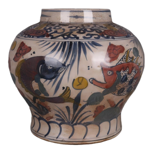 Chinese Vintage Ceramic Pot,Blue and White Underglaze Red Porcelain Jar Hand Painted Fishes and Waterweeds Pattern