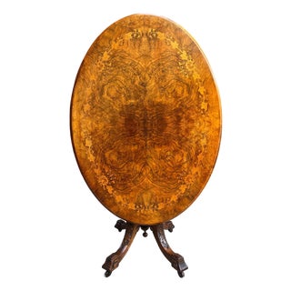Antique English Center Breakfast Table Burl Walnut Tilt Top Inlaid Oval C1890 For Sale