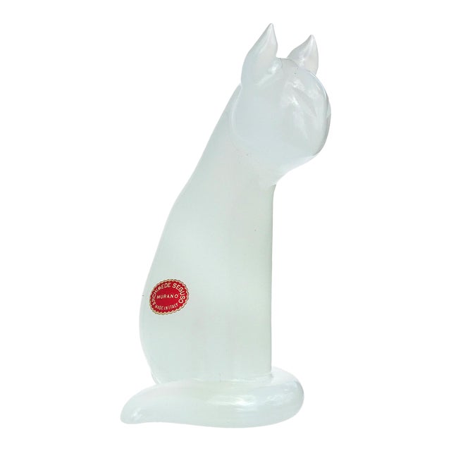 Vintage Seguso Murano 1950s Opalescent Alabastro White Italian Art Glass Mid Century Cat Kitten Sculpture For Sale