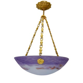 French Art Nouveau Lilac and White Glass Pendant Light from Muller Strasbourg For Sale