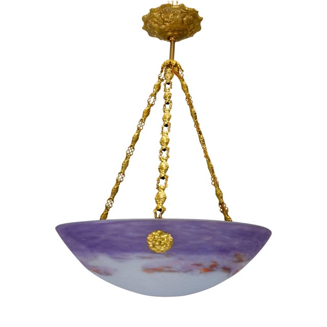 French Art Nouveau Lilac and White Glass Pendant Light from Muller Strasbourg For Sale