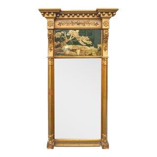 Late 19th Century American Federal Style Vertical Trumeau Wall Mirror W/ Eglomise Reverse Painting For Sale