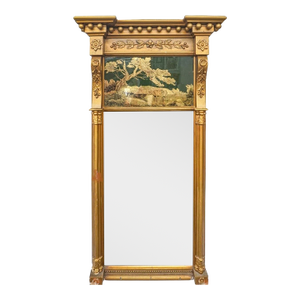 Late 19th Century American Federal Style Vertical Trumeau Wall Mirror W/ Eglomise Reverse Painting