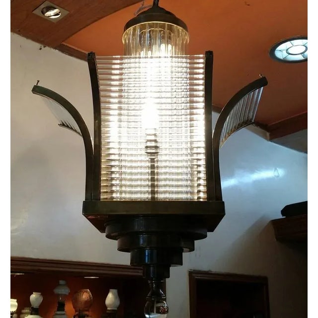 Vintage Art Deco Skyscraper Rod Ship Chandelier Fixture in Brass & Glass For Sale - Image 4 of 7