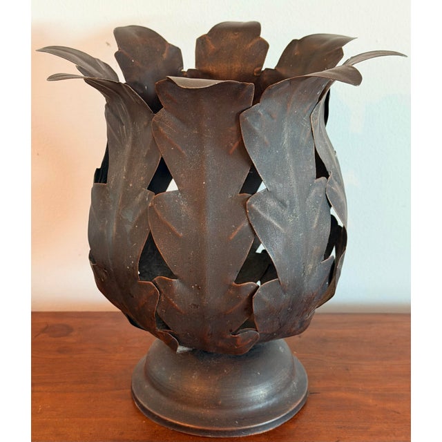 Bronze Vintage Hollywood Regency Style Metal Leaf Cachepot Planter/Pillar Candle Holder For Sale - Image 8 of 10