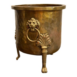Antique Imperial Russian Tula Hammered Brass Jardinière With Lion Masks, C. 1900 For Sale