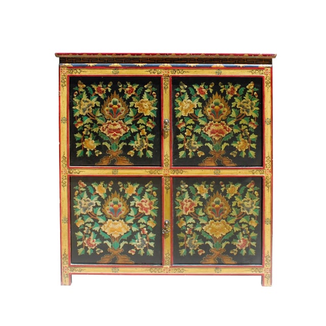 Orange Chinese Tibetan Treasure Color Flower Graphic Storage Cabinet For Sale - Image 8 of 8