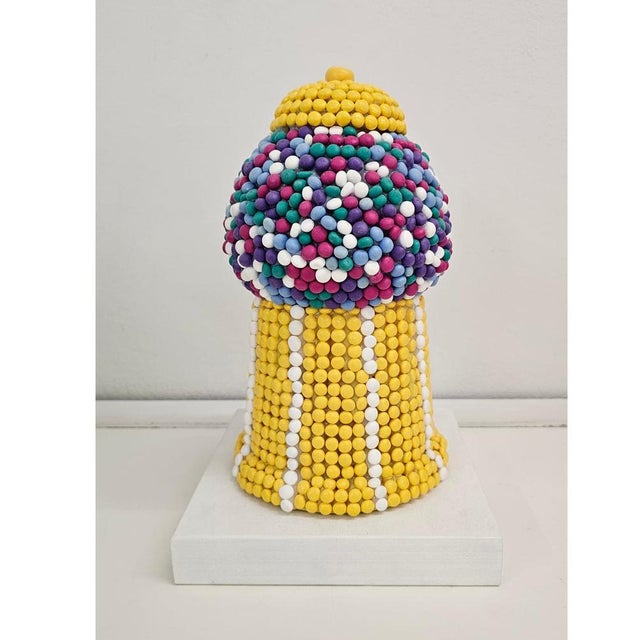 Hand-Sculpted 3D Candy Mosaic Sculpture Gumball Machine in Yellow Clay For Sale - Image 3 of 7