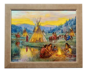 Hubert Wackermann -Native American Campfire With Teepees -Oil Painting