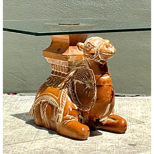 Camel Vintage Carved Wood Camel Glass Table For Sale - Image 8 of 17