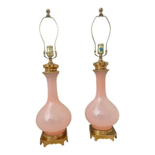 Rare Mid-Century Modern Pink Opaline Italian Murano Paul Hanson Table Lamps in the Style of Cedense Vetri- A Pair For Sale