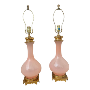 Rare Mid-Century Modern Pink Opaline Italian Murano Paul Hanson Table Lamps in the Style of Cedense Vetri- A Pair