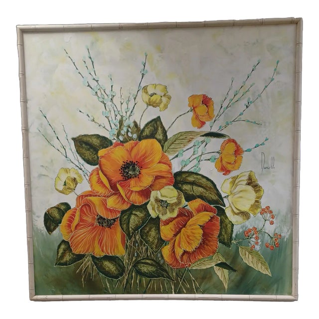Vintage Oil Painting on Canvas of Hibiscus Flowers Signed For Sale
