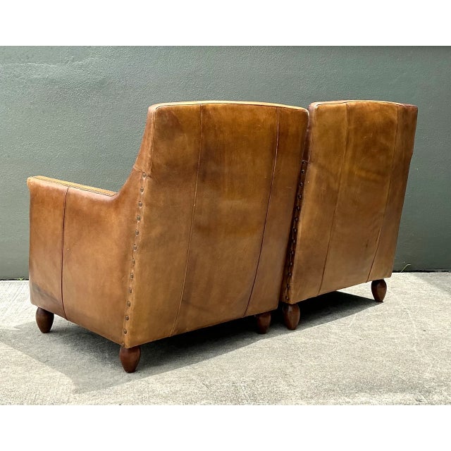 Rustic Vintage Nailhead Trim Leather Armchairs - Pair For Sale - Image 3 of 12