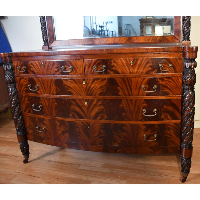 Brown 1890s Antique American Empire Book-Match Crotch Mahogany Dresser & Mirror Set For Sale - Image 8 of 18