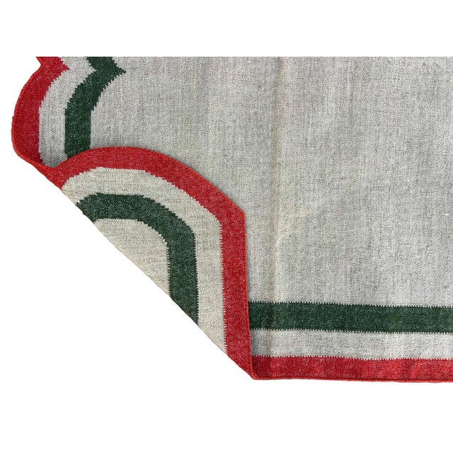 Casa Cosima Handmade Woolen Scalloped Edge Rug, Beige With Green and Coral Red Border - 6'x9' For Sale - Image 4 of 11