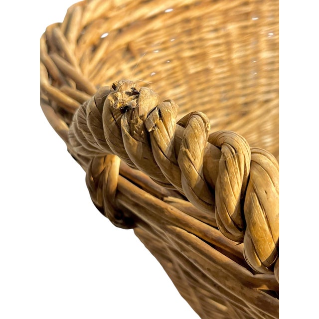 Antique French Provincial Handwoven Wicker Gathering or Laundry Basket 29” Wide For Sale - Image 4 of 16