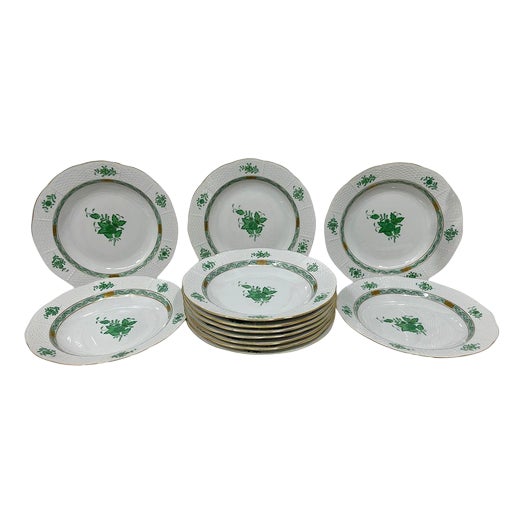 Chinese Bouquet Apponyi Green Soup Plates from Herend, 1980s, Set of 12 For Sale
