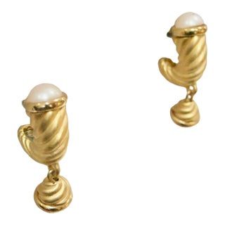 Givenchy 1980s Carved Gold Plated Glass Pearl Top & Bottom Drop Pearl Earrings, 2 Pieces For Sale