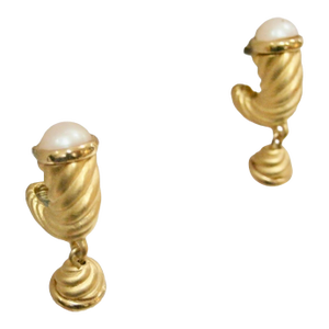 Givenchy 1980s Carved Gold Plated Glass Pearl Top & Bottom Drop Pearl Earrings, 2 Pieces