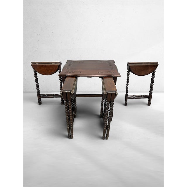 Antique Jacobean Revival Bobbin Nesting Table Suite With Four Folding Side Tables For Sale - Image 4 of 11