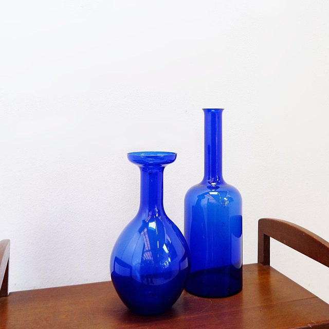 Mid-Century Modern Vintage Handblown Cobalt Blue Glass Vases, Set of 2 For Sale - Image 3 of 12
