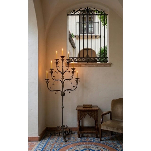 64-Inch Spanish Revival Wrought Iron Nine-Light Tree Form Floor Candelabra For Sale In West Palm - Image 6 of 12