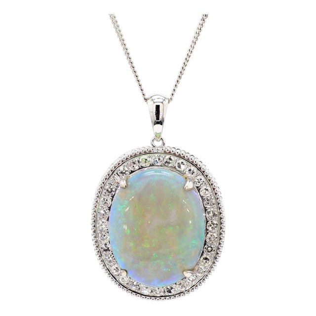 17.59 Carat White Opal & Diamond Halo Milgrain 18k White Gold Vintage Pendant For Sale