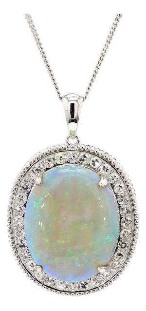 17.59 Carat White Opal & Diamond Halo Milgrain 18k White Gold Vintage Pendant
