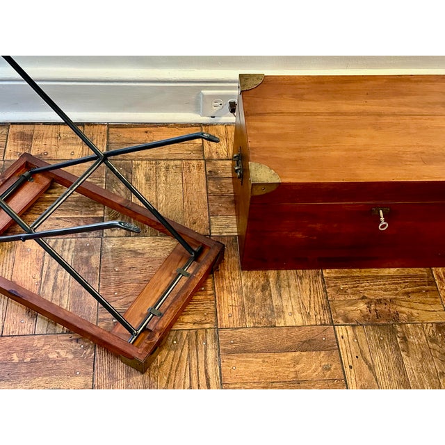 Campaign Style Lift-Top Writing Chest on Folding Iron Stand | Mid-Century British Colonial For Sale - Image 6 of 12