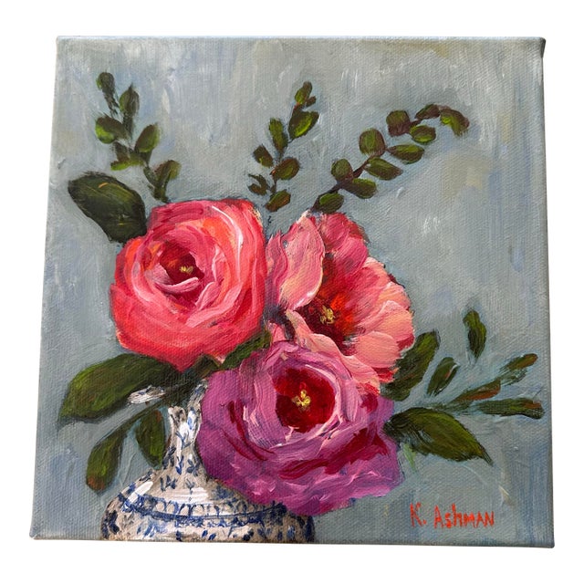 Roses Still Life Blue Willow Vase “Permission to Bloom” Original Painting by Kristin Ashman For Sale